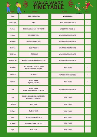 Waka Wars: Time Table